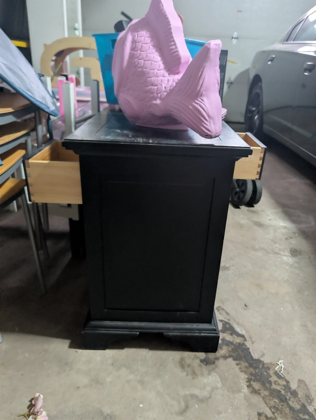 Black Dresser with Drawers and Shelves