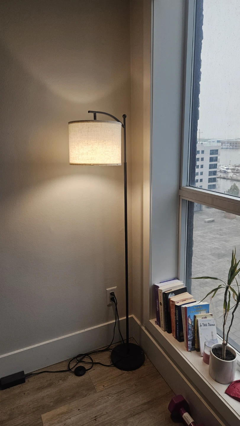 Black Arc Floor Lamp with Linen Shade