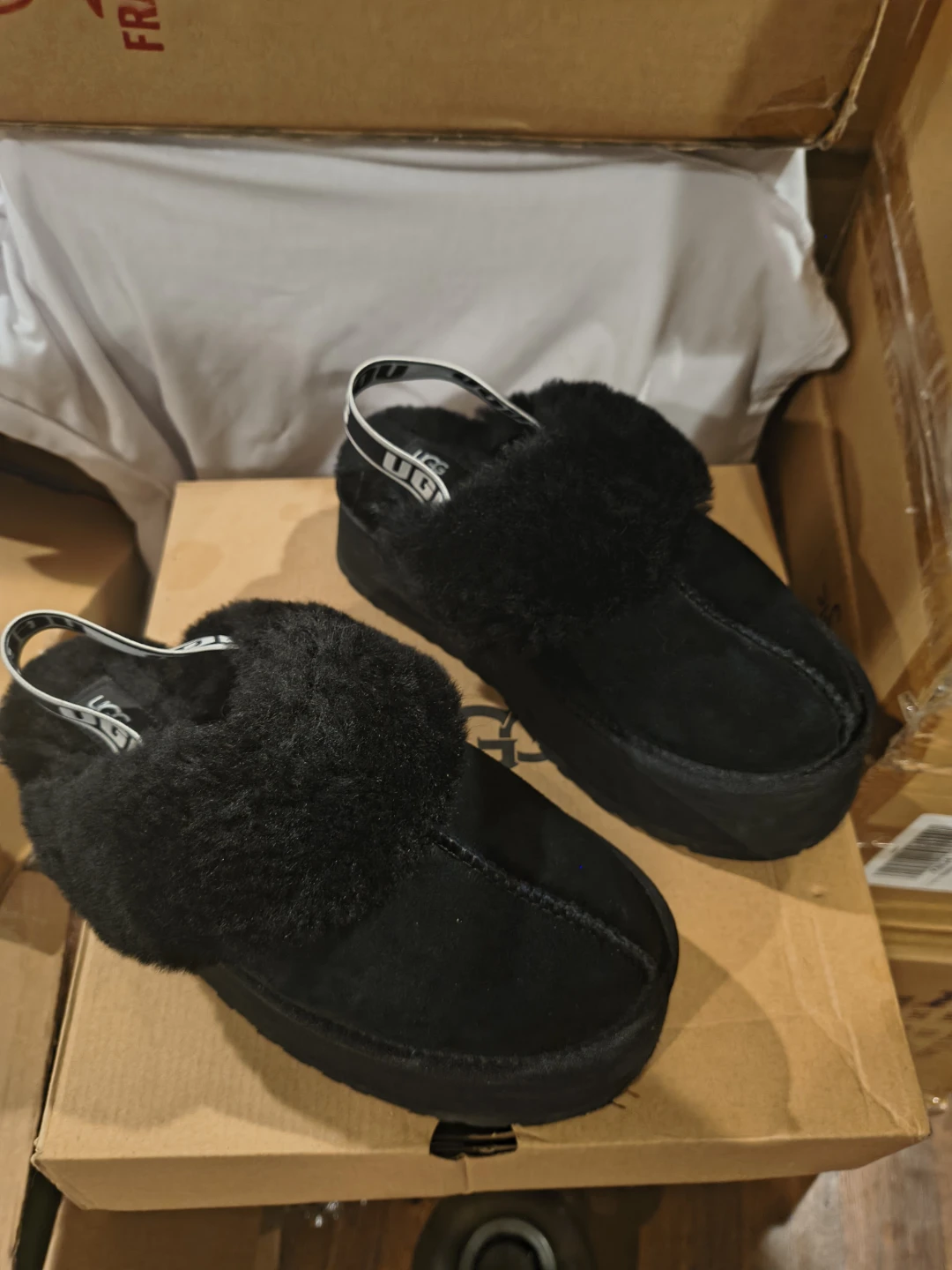 UGG Black Suede Furry Platform Clogs