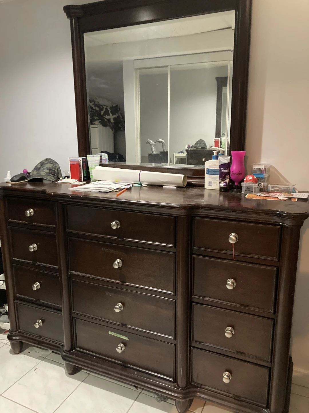 Dark Brown Wood Dresser with Mirror Nightstand and queenbed - photo 4