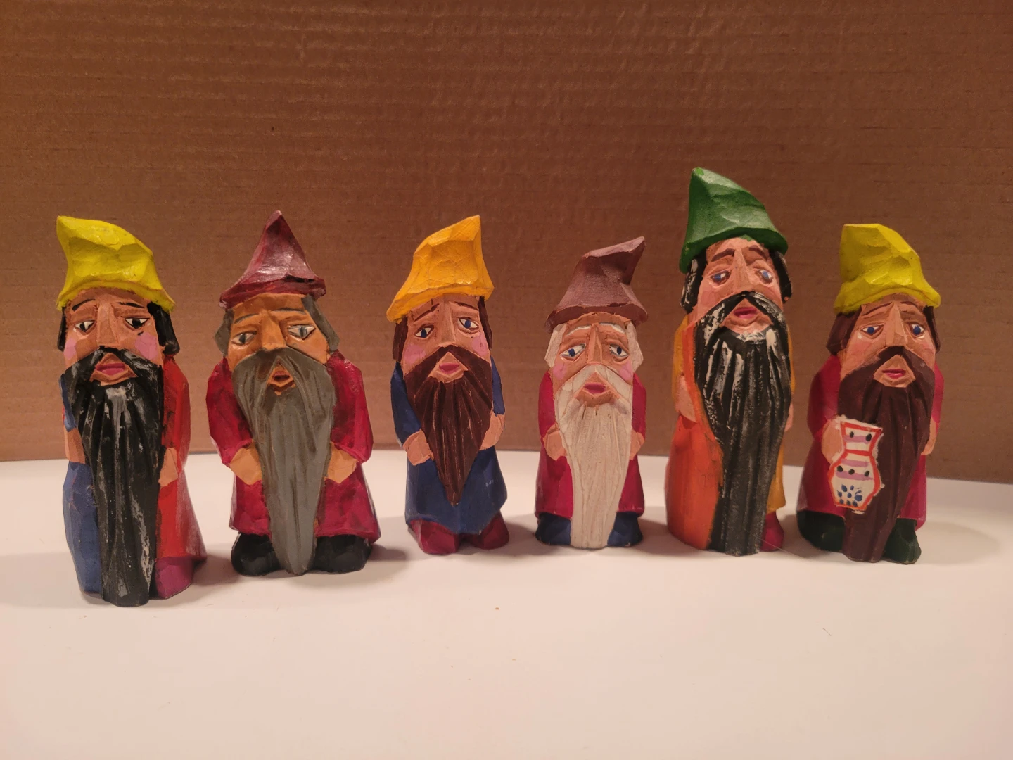 Set of 6 Hand-Carved Wooden Gnomes