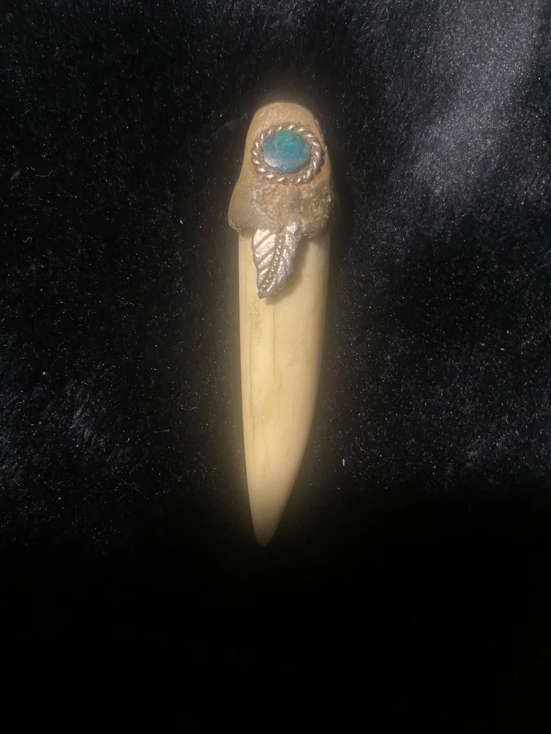 Animal Tooth Pendant with Turquoise and Silver Leaf - photo 3