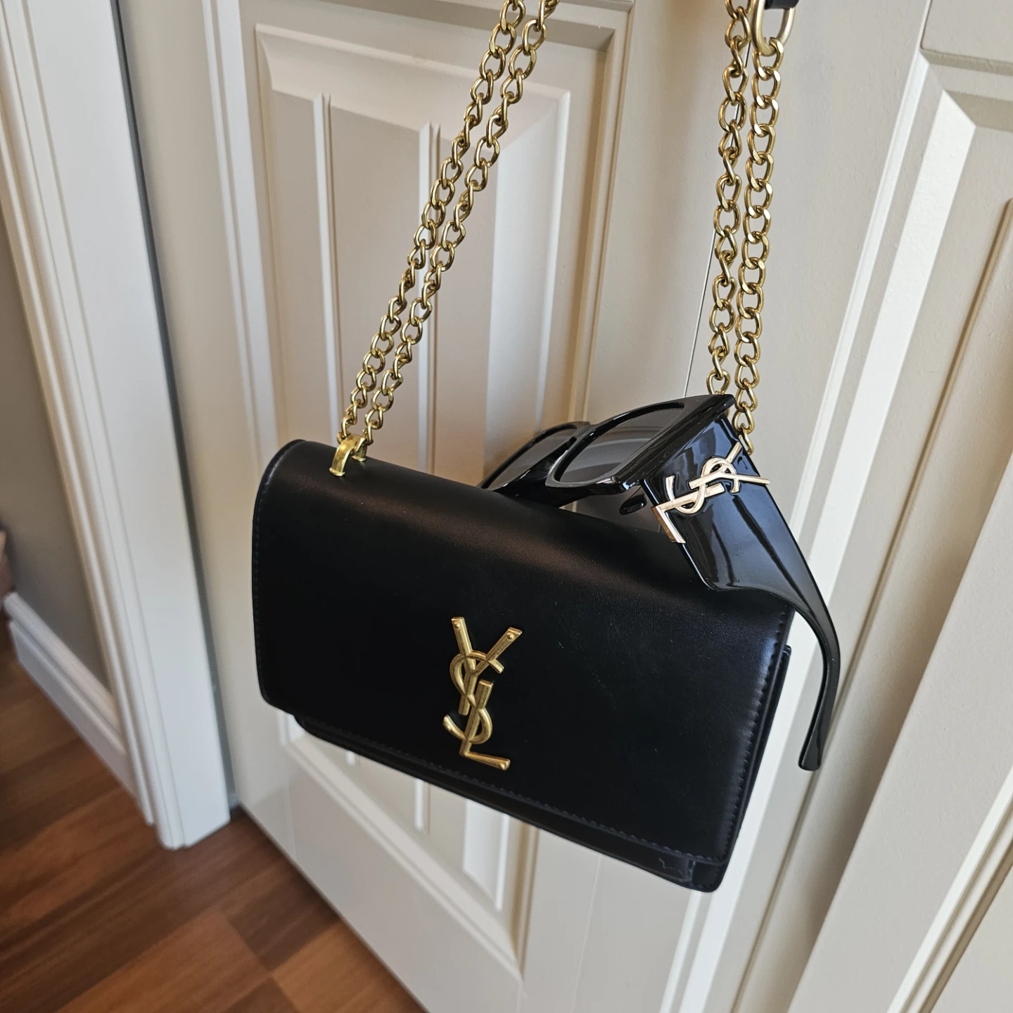 S L Black Leather Monogram Chain Wallet