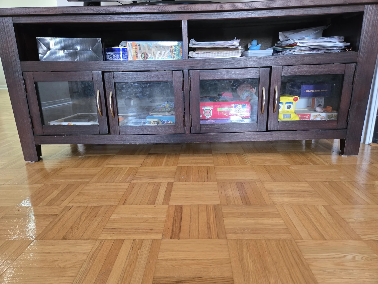 Dark Wood Media Console with Glass Doors