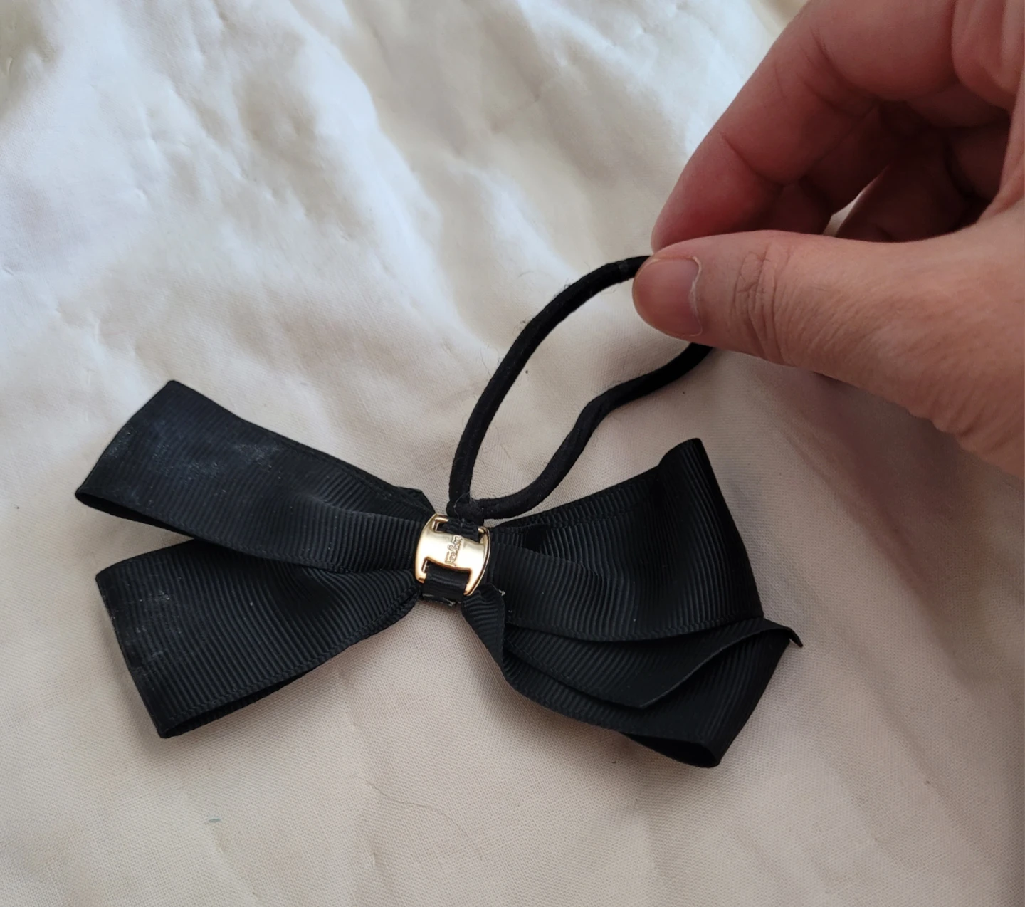 Black Grosgrain Ribbon Bow Hair Tie with Gold Clasp