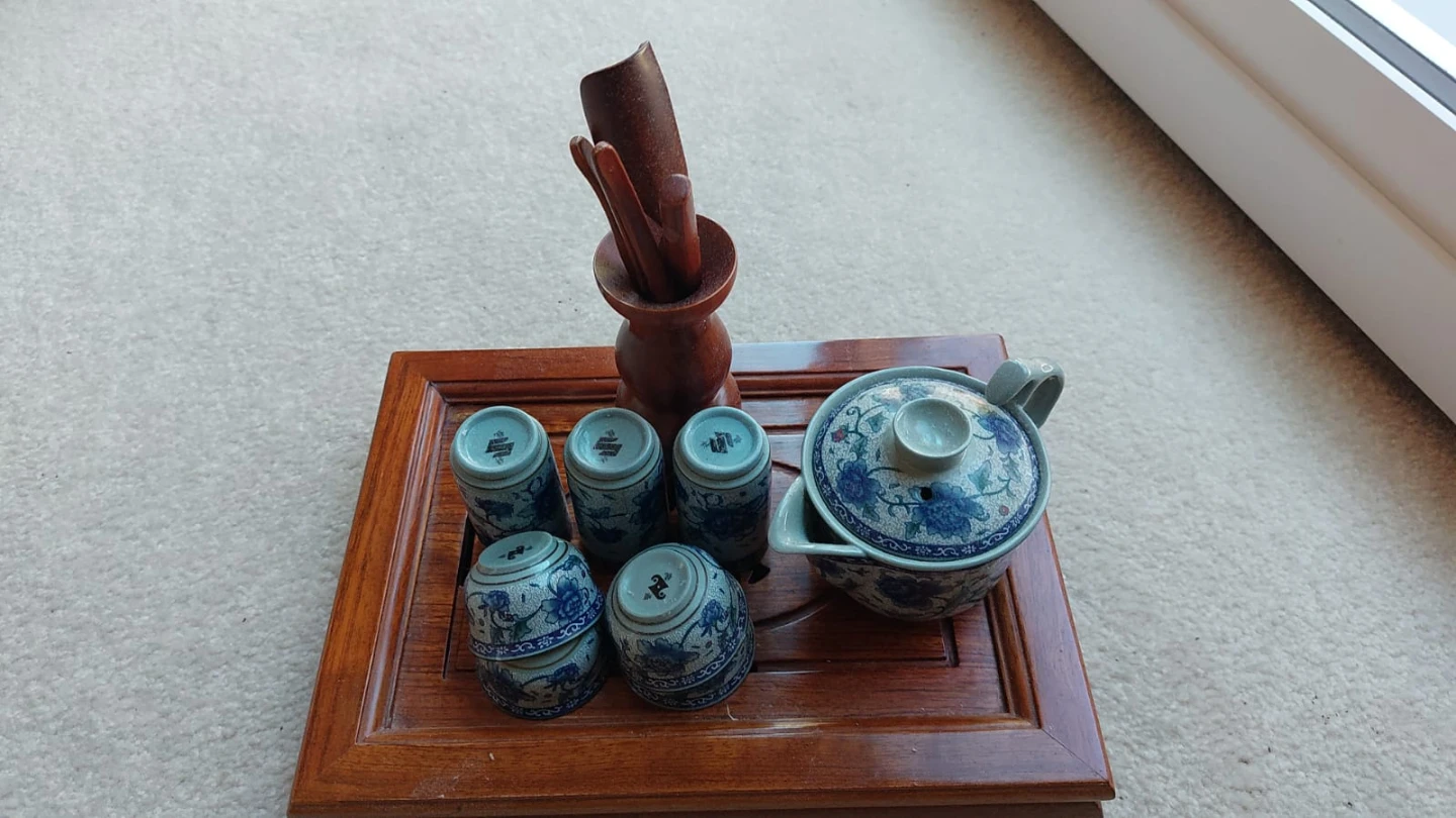 Blue and White Ceramic Tea Set with Wooden Stand
