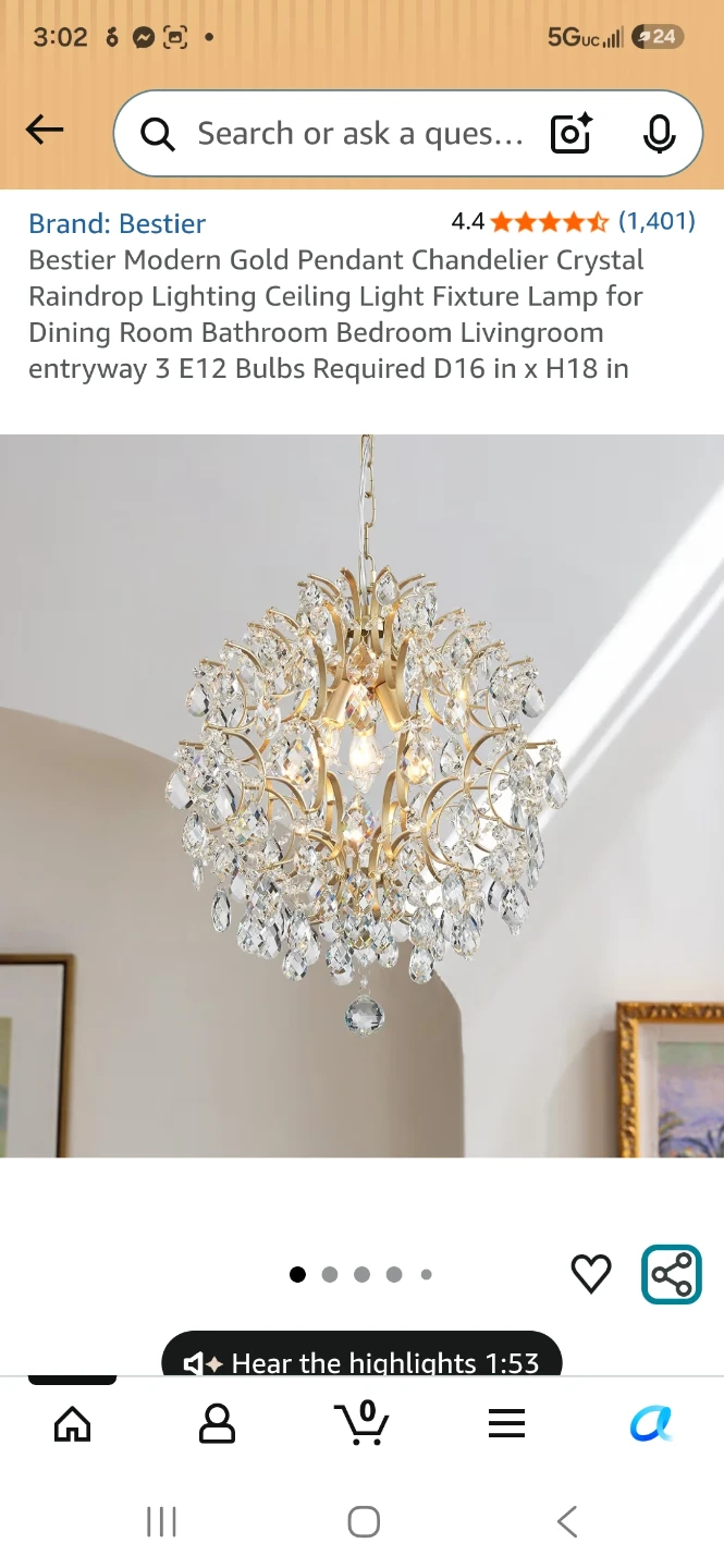 Bestier Modern Gold Crystal Chandelier Pendant Light Fixture