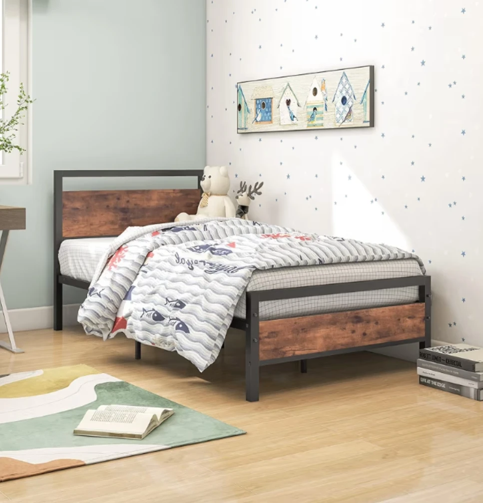 Twin Size Metal Bed Frame with Wood Grain Accents