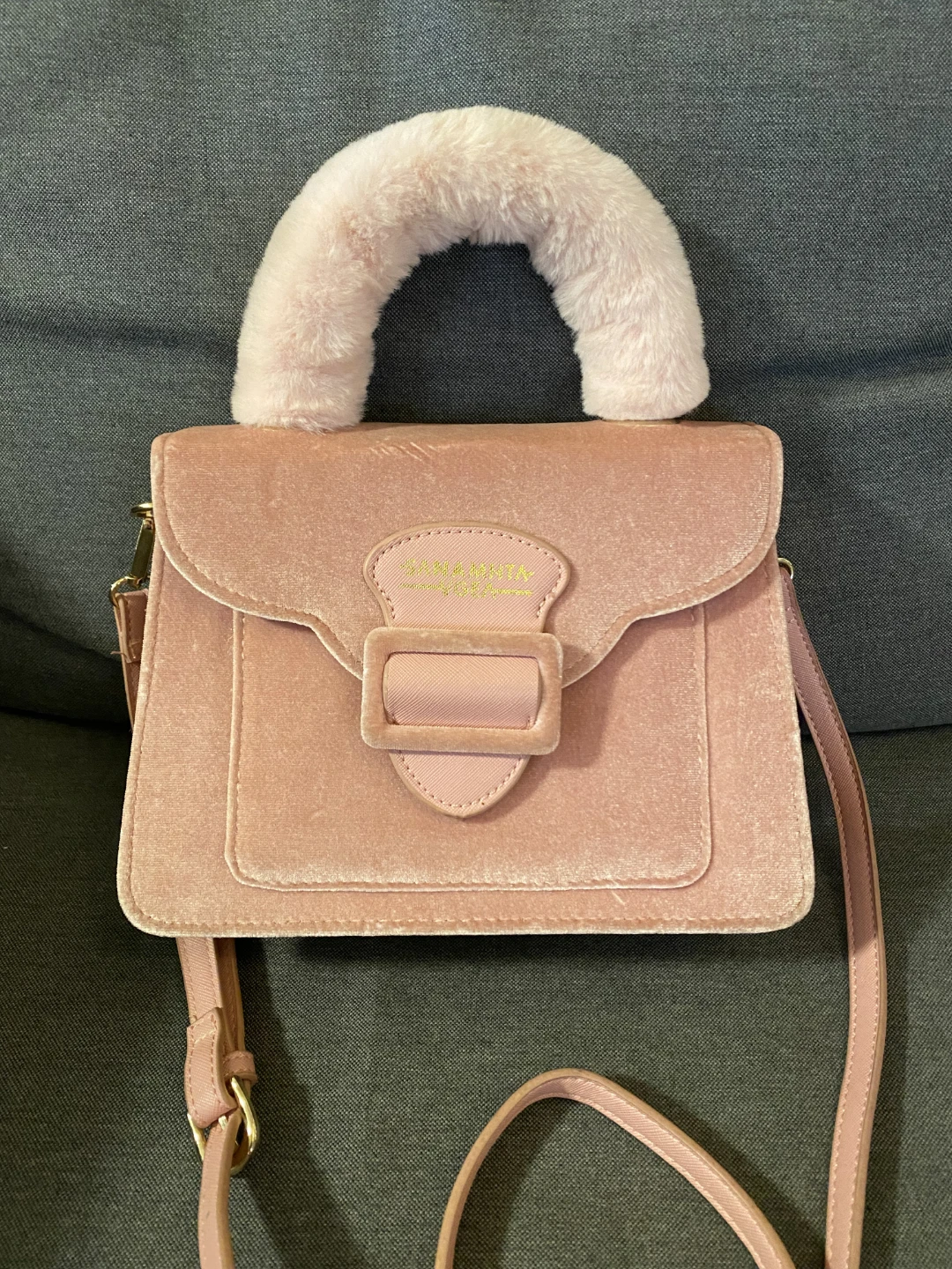 Pink Velvet Handbag with Faux Fur Handle