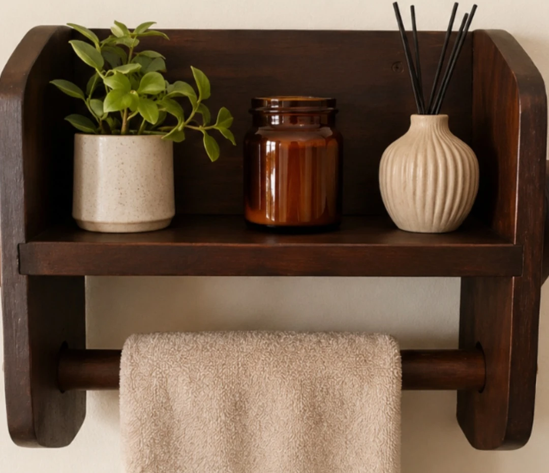 Vintage 1980s Wooden Paper Towel Holder & Wall Shelf