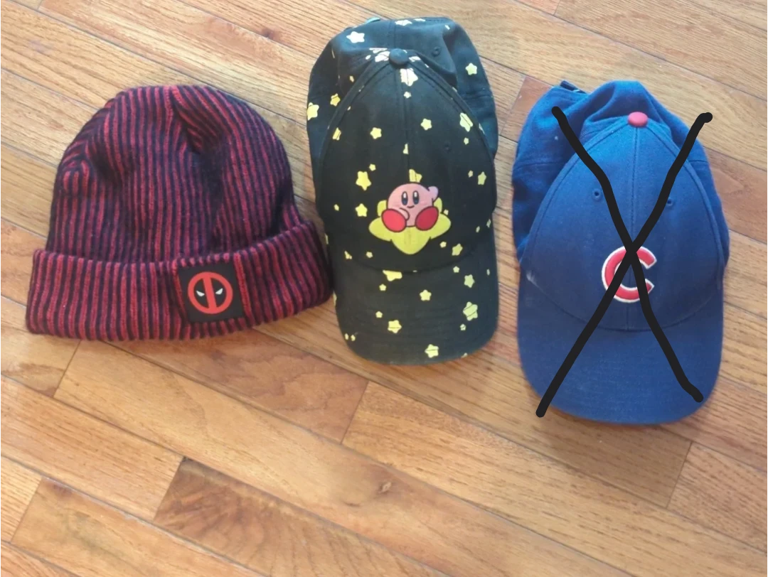 Bundle of 3 Hats: Deadpool Beanie, Kirby Cap, Cubs Cap