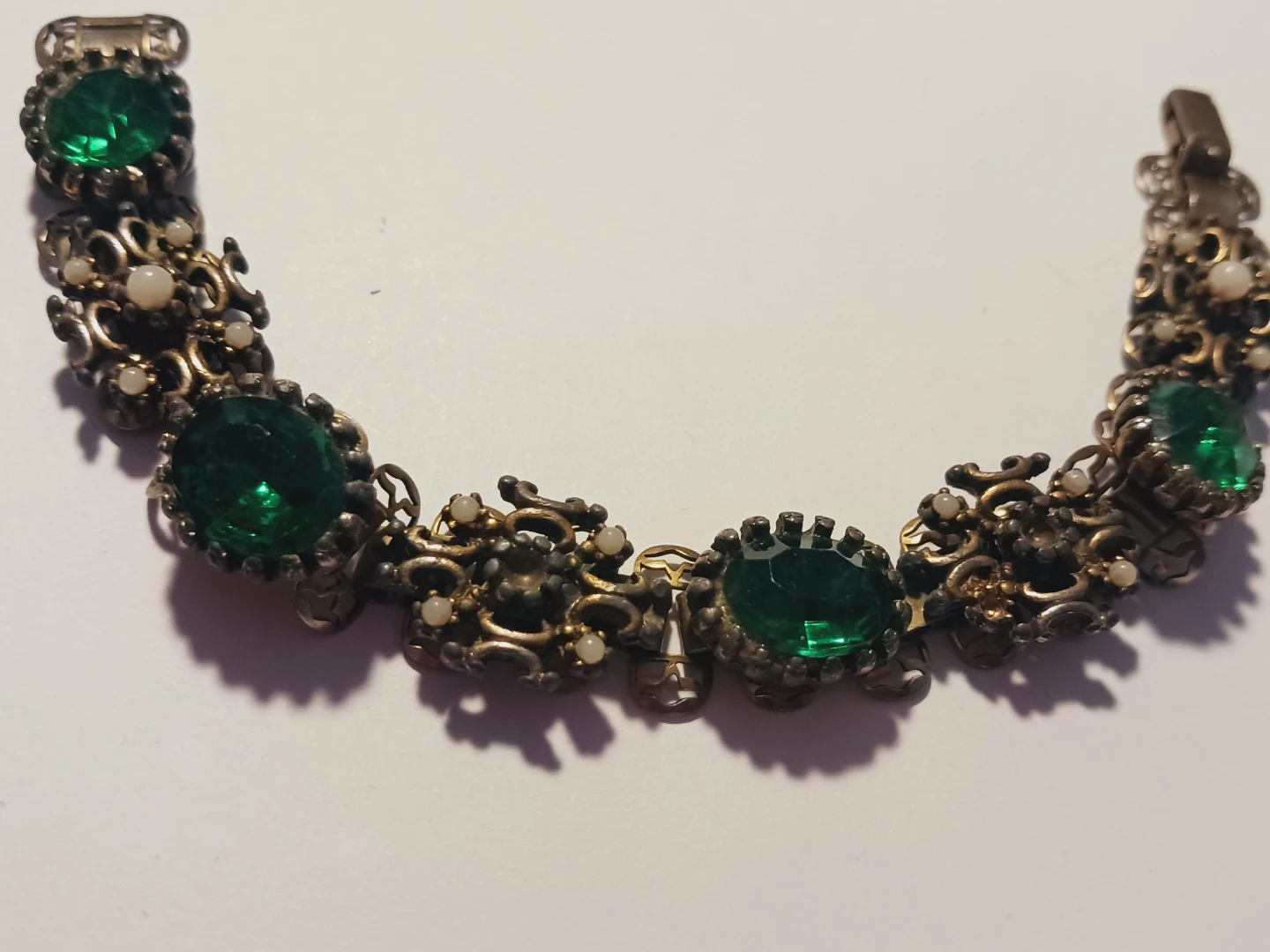 Vintage Emerald Cabochons and Pearl Bracelet