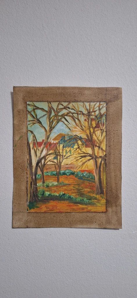 Oil Painting Landscape with Trees and Houses