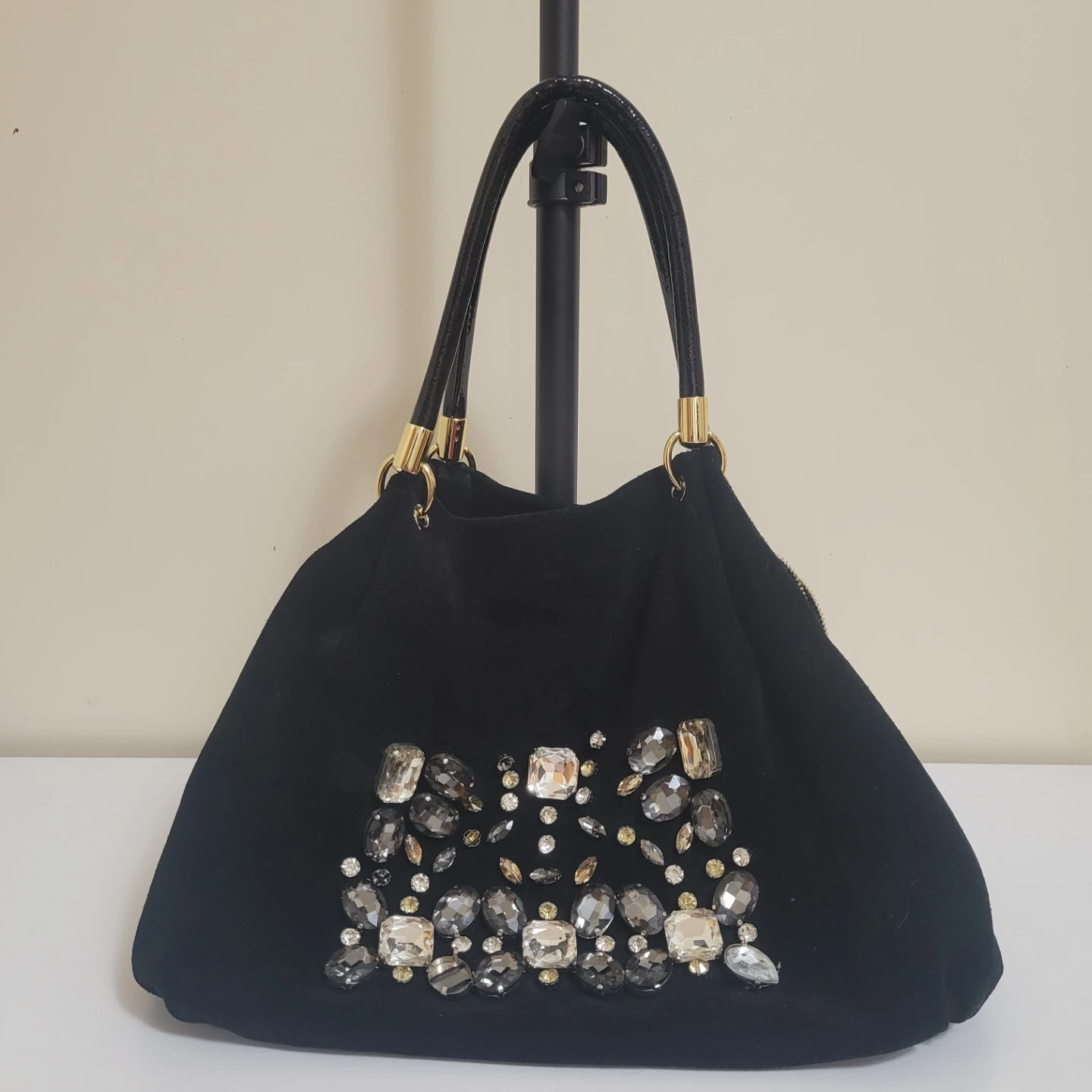 Black Suede Embellished Shoulder Bag with Gold Chain Details