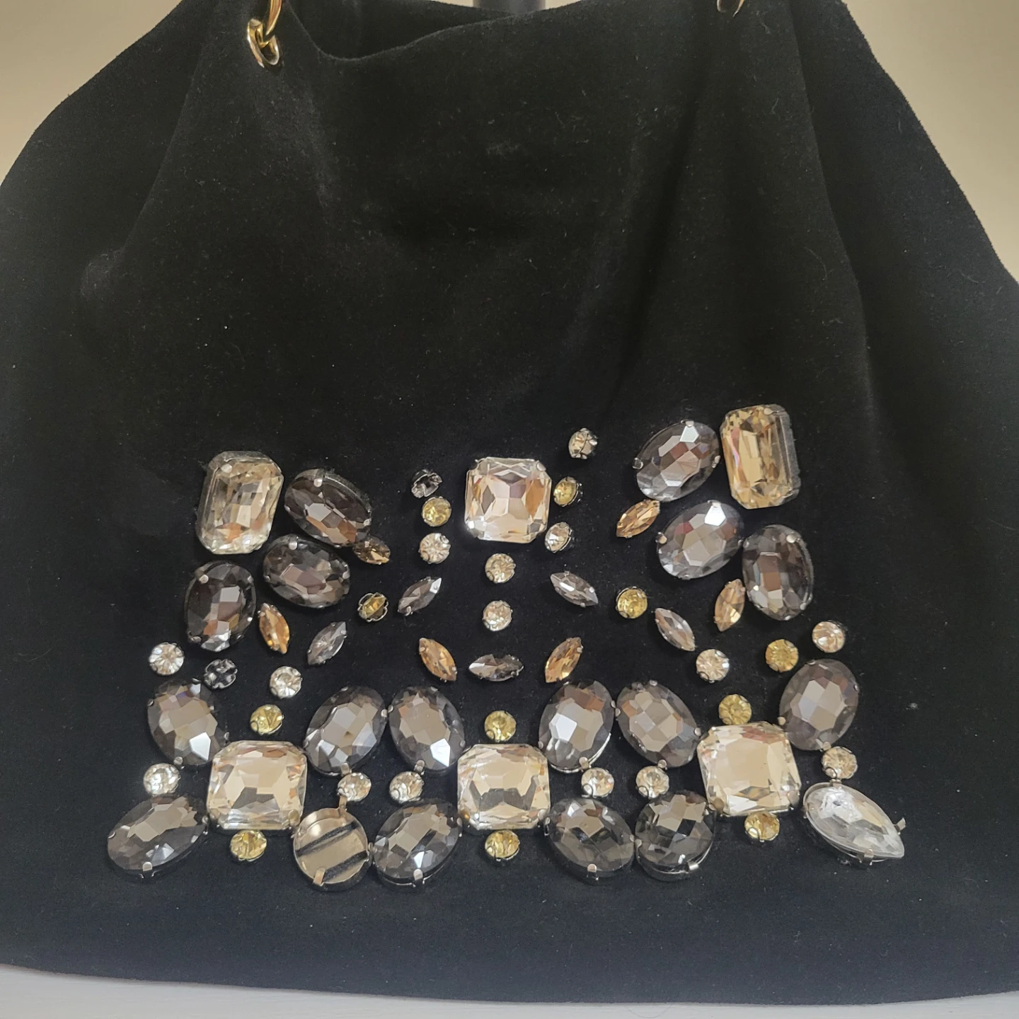 Black Suede Embellished Shoulder Bag with Gold Chain Details - photo 2