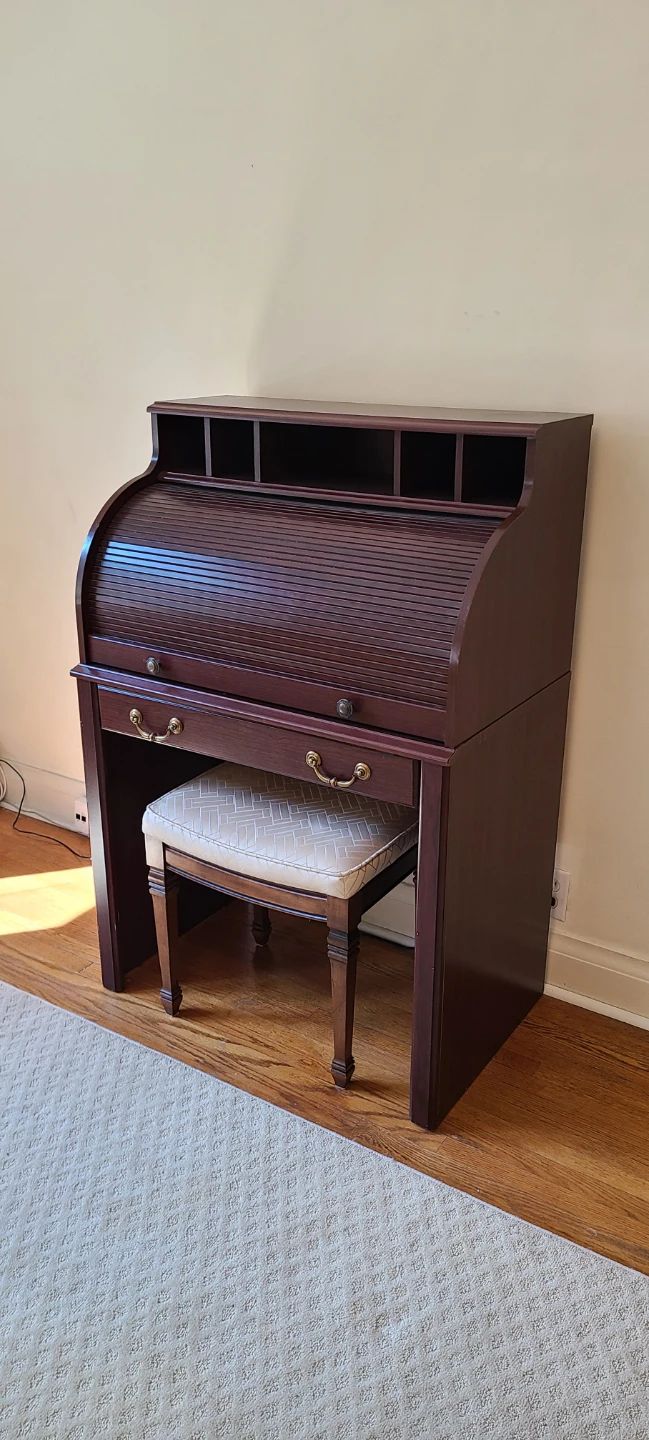 Rolltop Desk with Stool - Smaller Sized, Faux Wood
