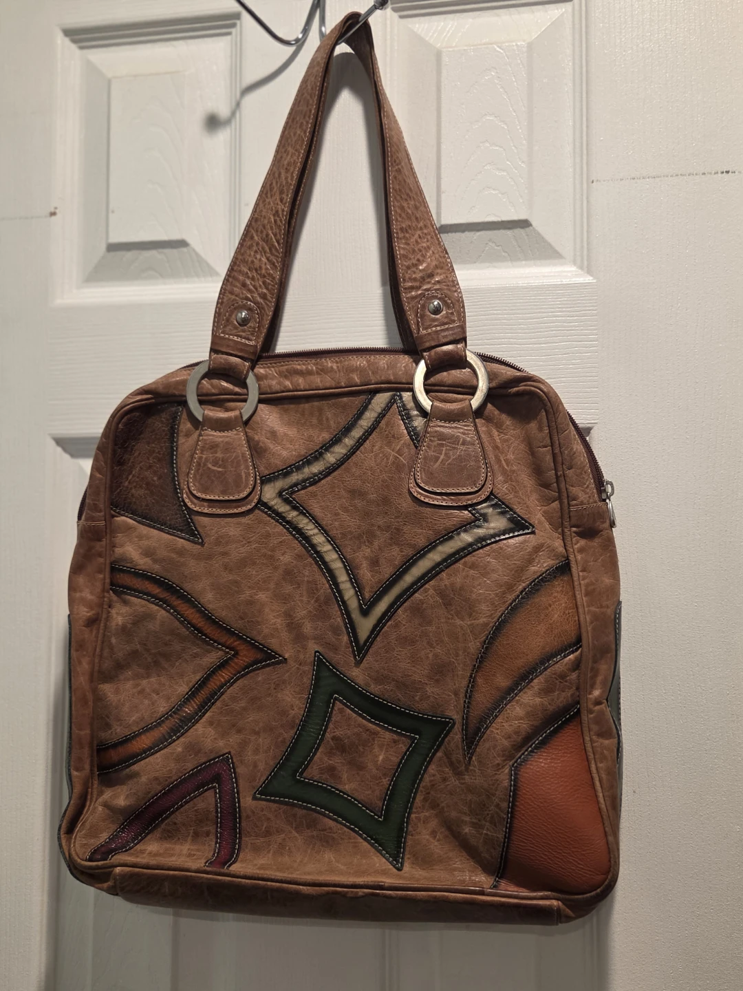 Brown Leather Patchwork Satchel Handbag
