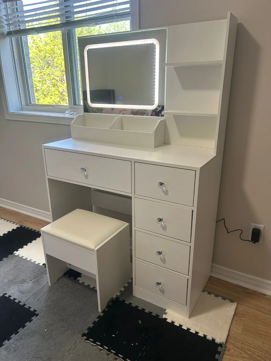 White Vanity Table with LED Mirror and Stool