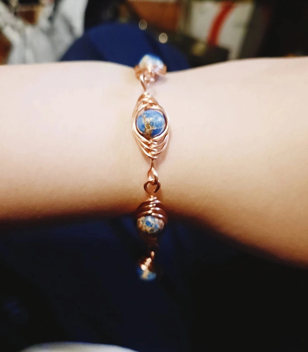 Copper Wire Wrapped blue sea sediment gemstone Bracelet