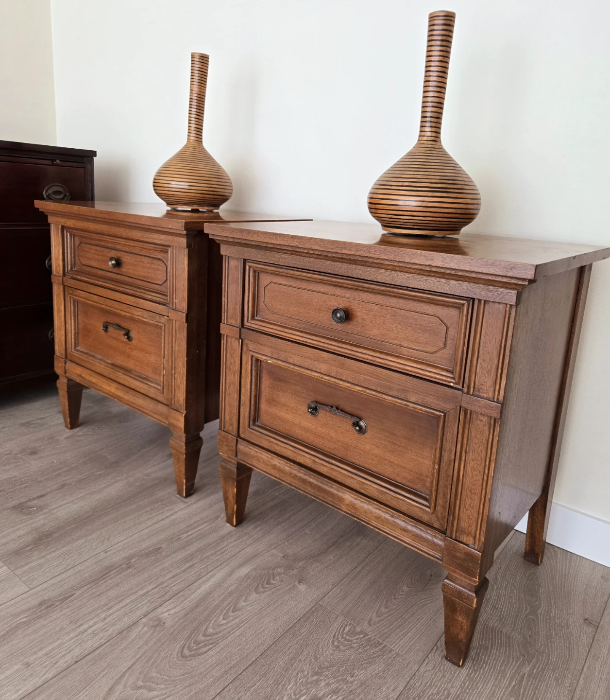 Pair Of MCM Solid Walnut Nightstands With 2 Storage Drawers