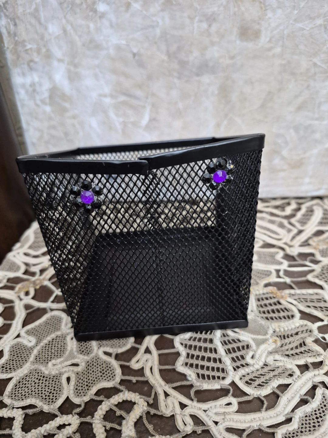 Black Mesh Desk Organizer with Rhinestone Flower Accents - photo 2