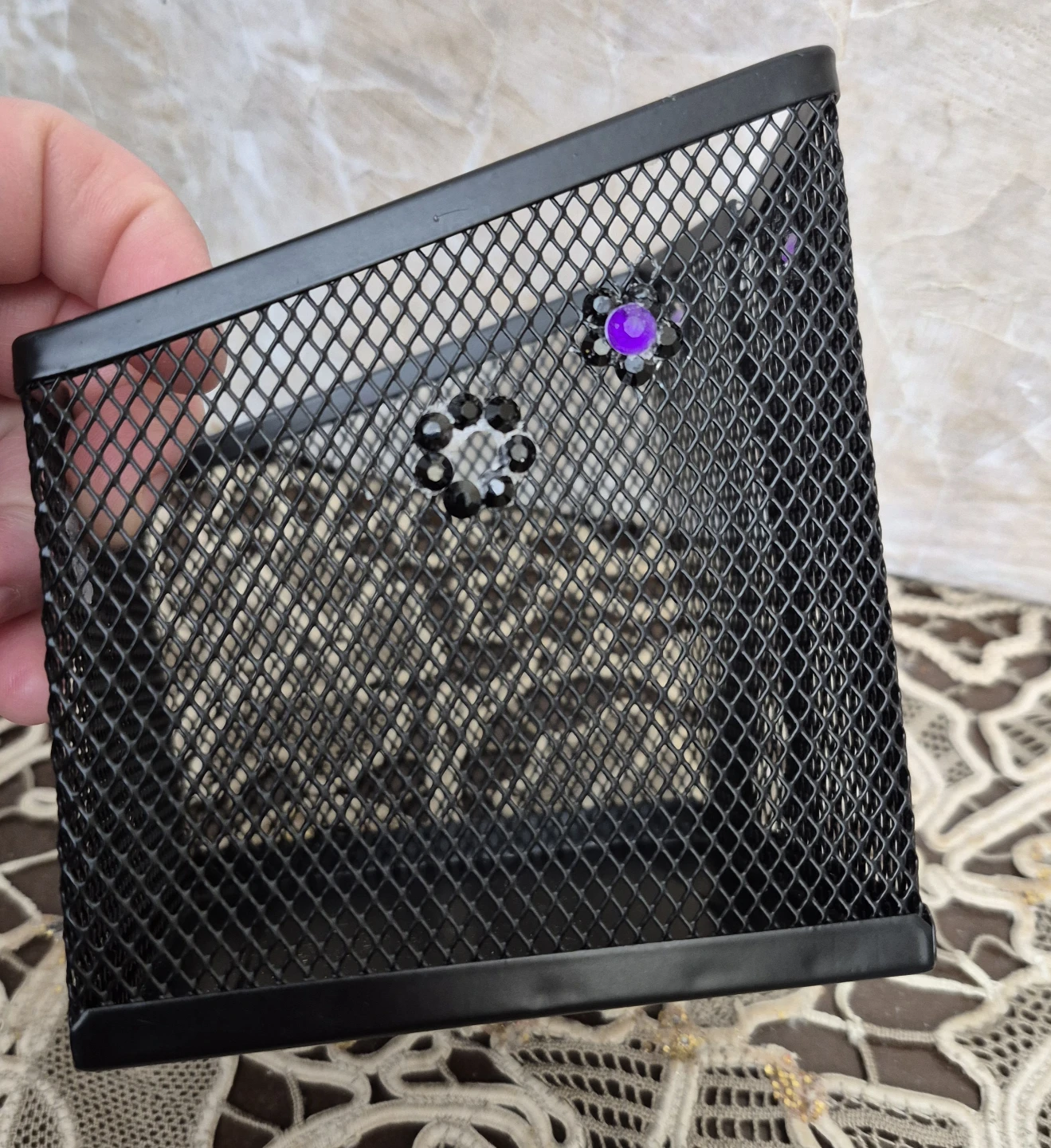 Black Mesh Desk Organizer with Rhinestone Flower Accents - photo 3