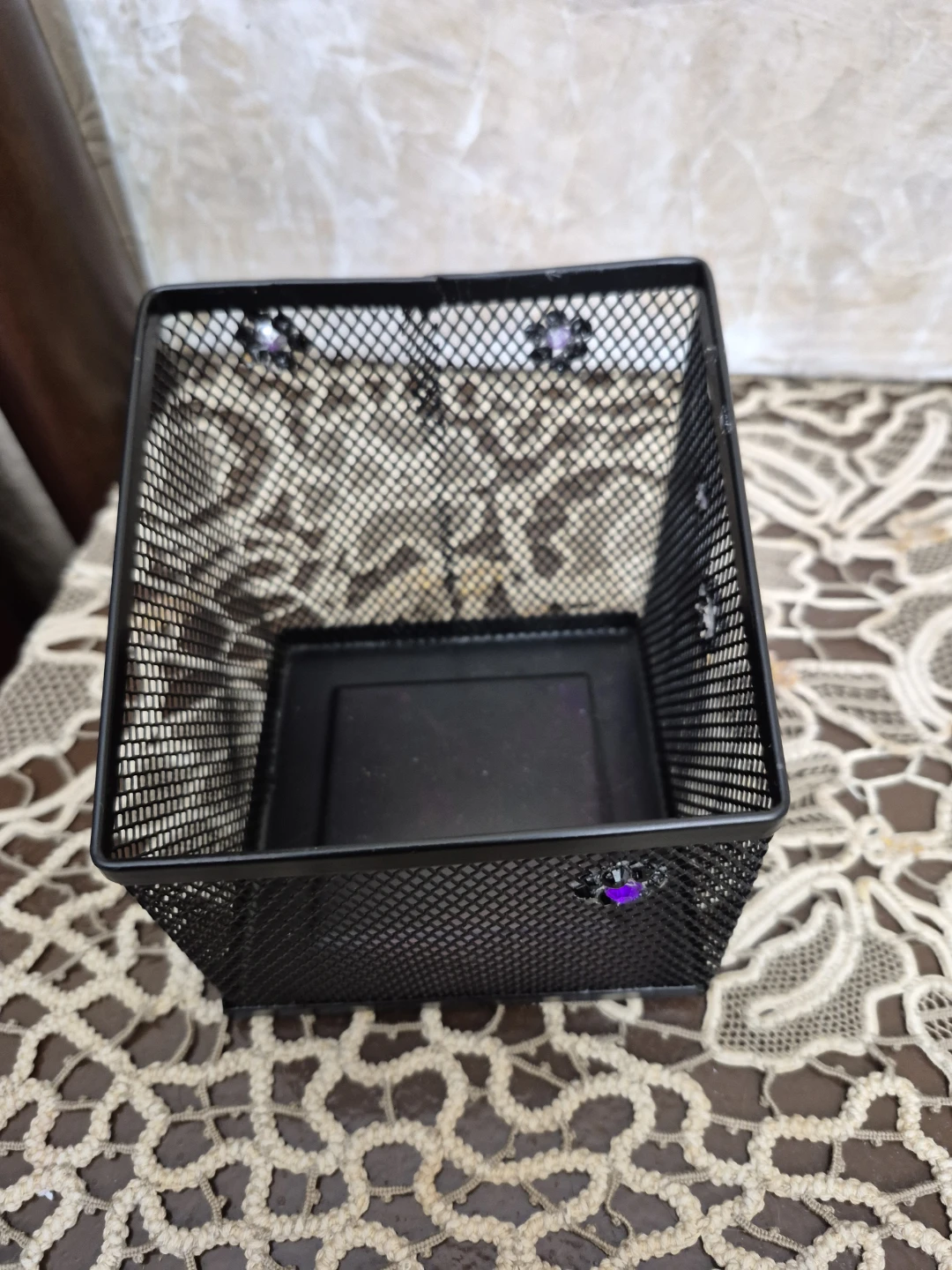 Black Mesh Desk Organizer with Rhinestone Flower Accents