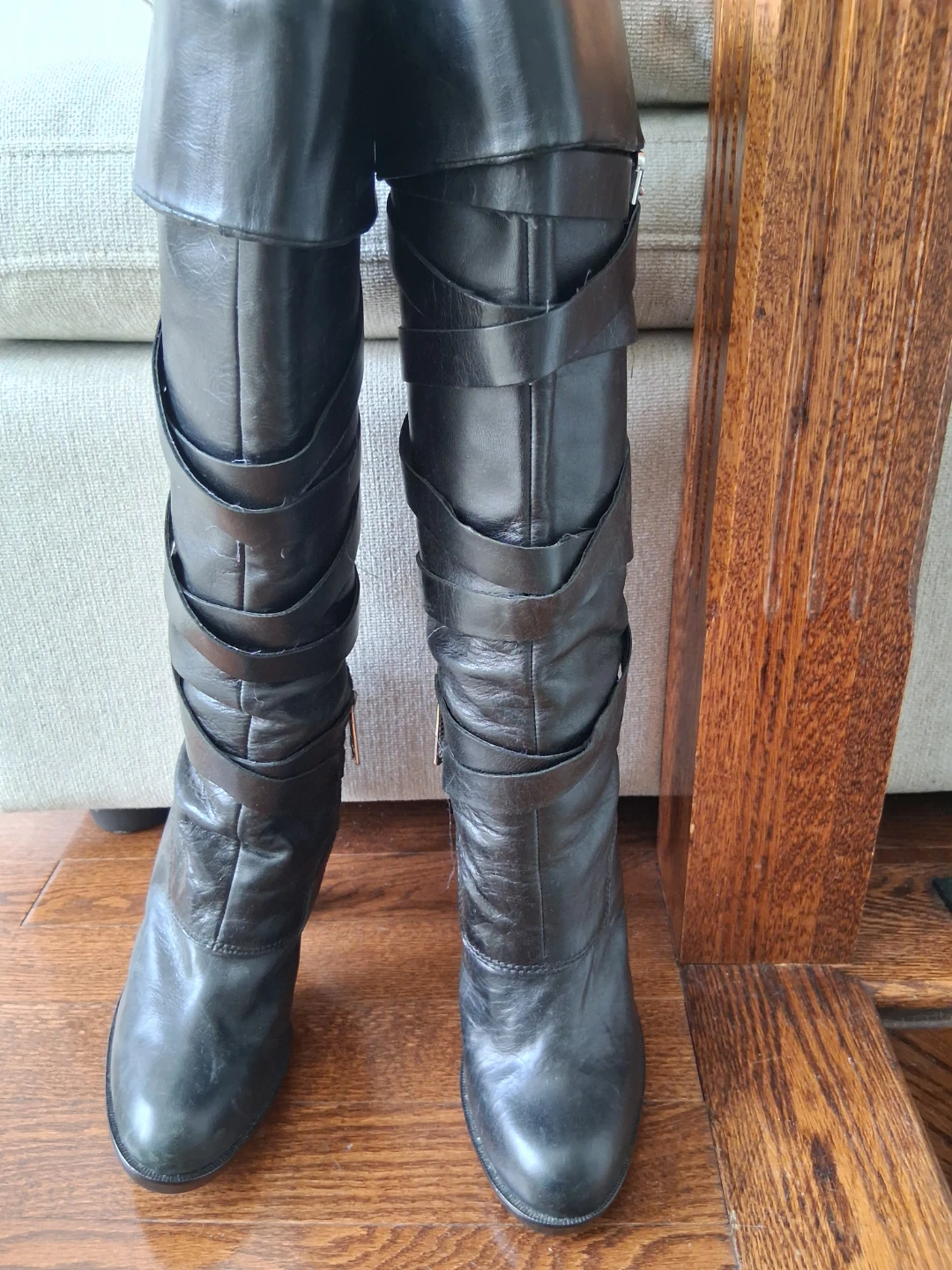 Michael Kols Black Knee-High Strappy Heel Boots