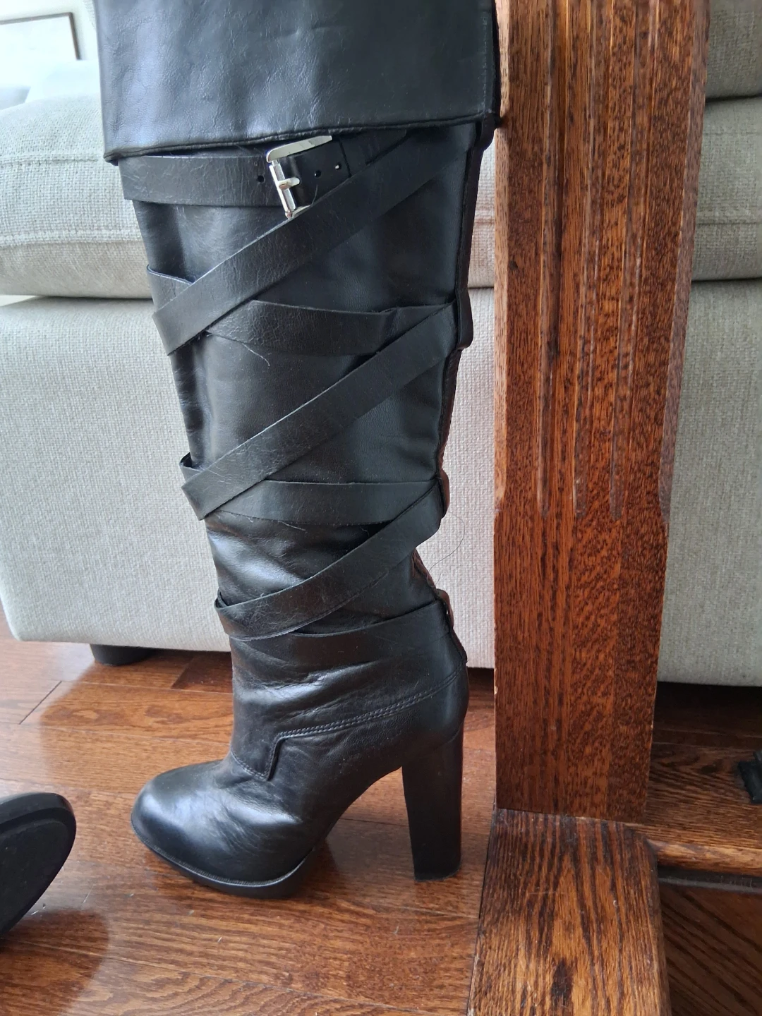 Michael Kols Black Knee-High Strappy Heel Boots - photo 2