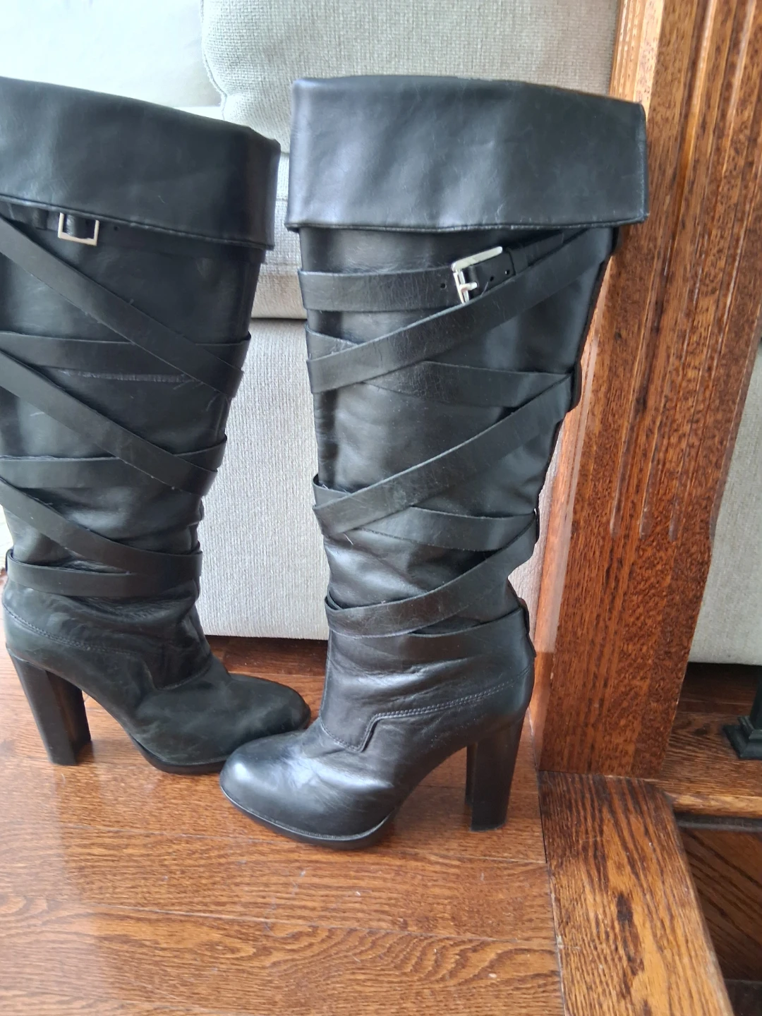 Michael Kols Black Knee-High Strappy Heel Boots - photo 4