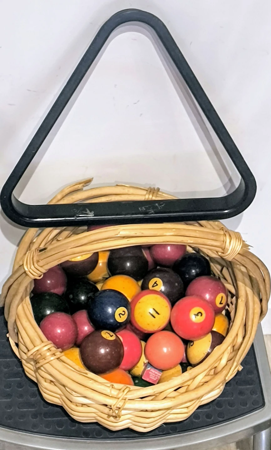 Vintage Billiard Ball Set with Rack and Basket