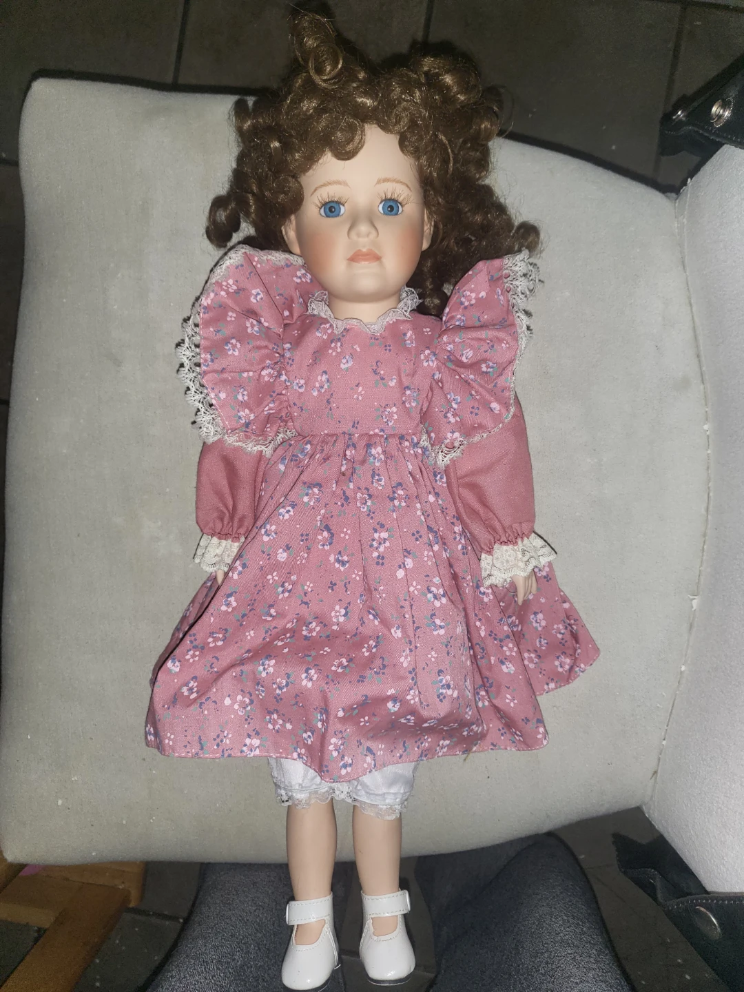 Vintage Porcelain Doll with Pink Floral Dress