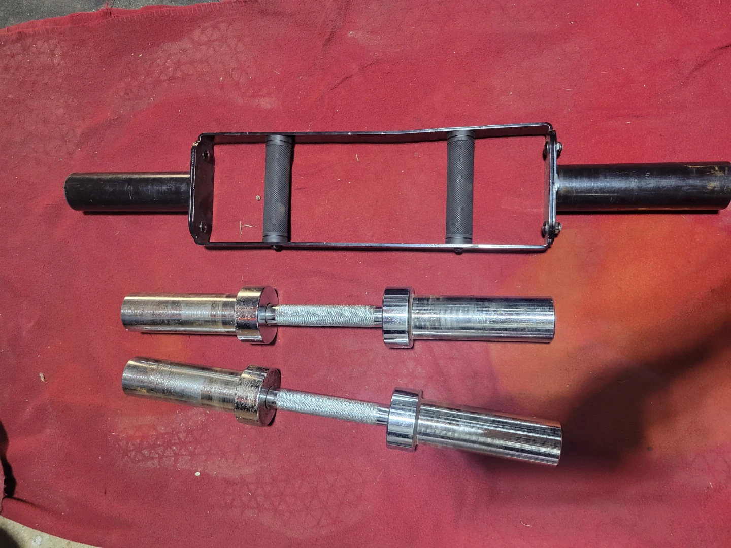 2" HOLE  DUMBBELL HANDLES AND A TRICEP BAR