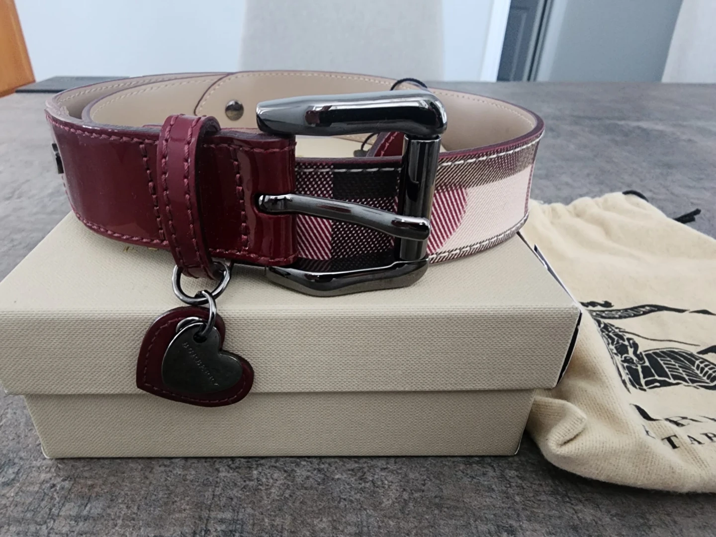 Burberry Nova Check Belt - Cherry Red Patent