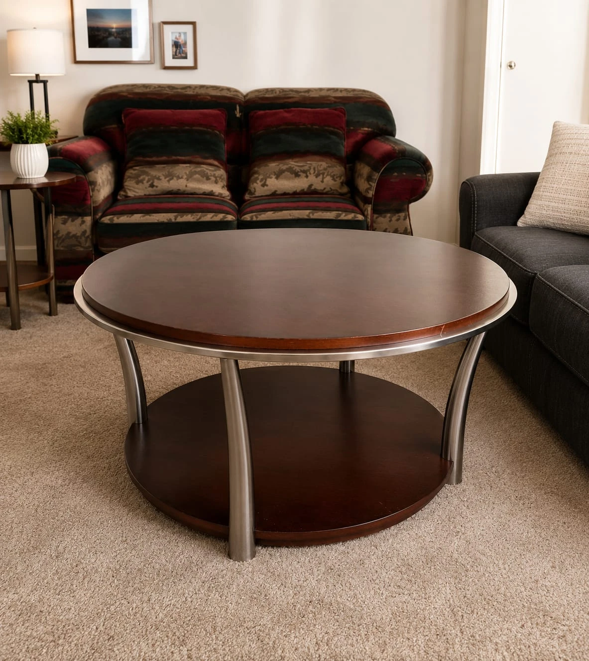 Round Coffee Table with Two Tier Shelf