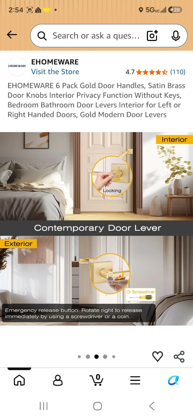 EHOMEWARE 6 Pack Gold Door Handles - Satin Brass - photo 3