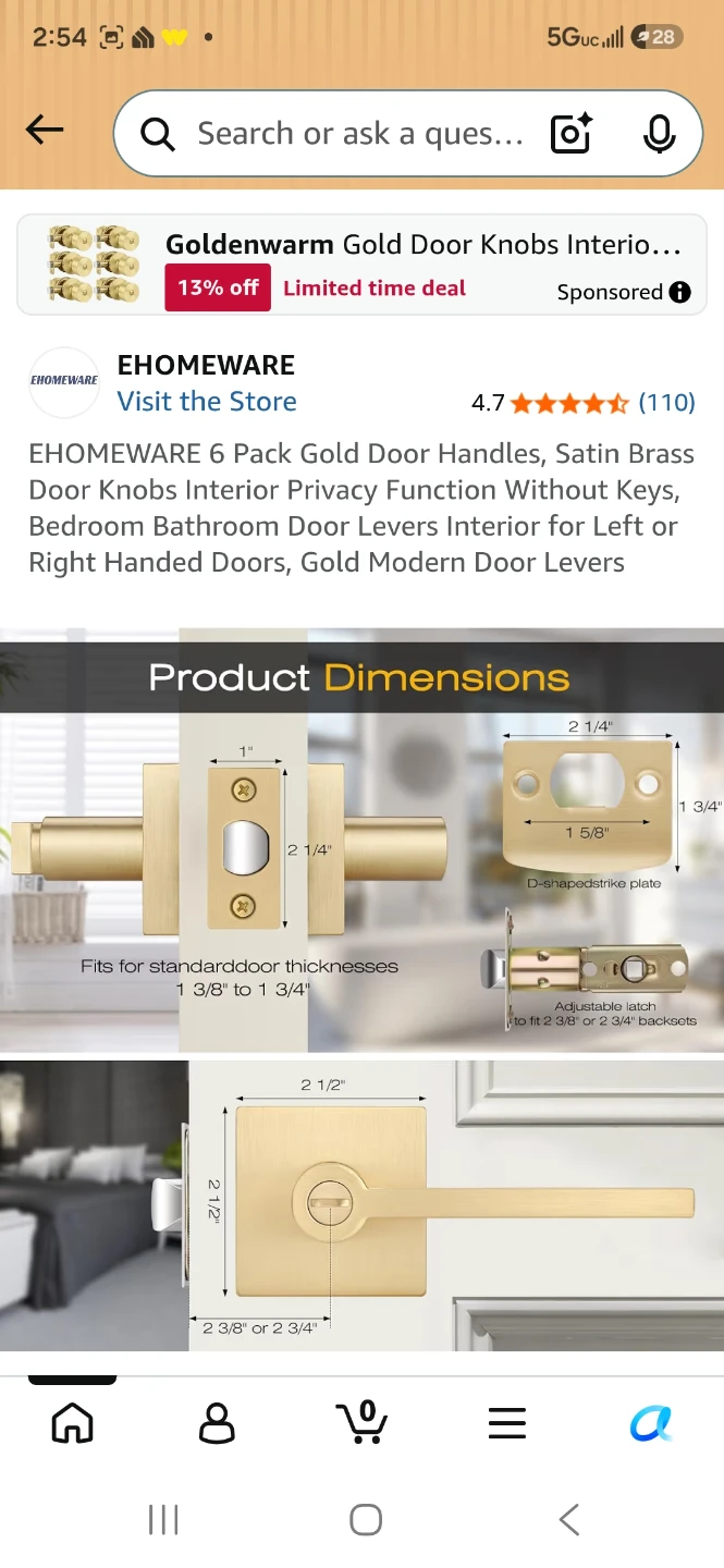 EHOMEWARE 6 Pack Gold Door Handles - Satin Brass - photo 5