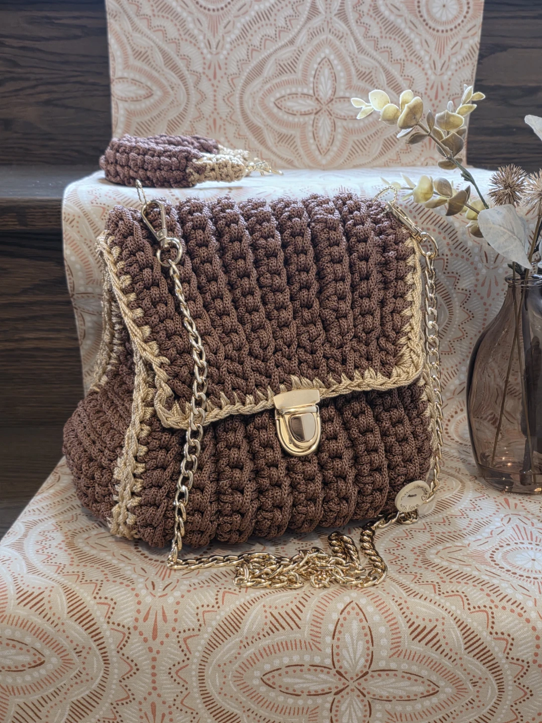 Brown Crocheted Shoulder Bag with Gold Chain
