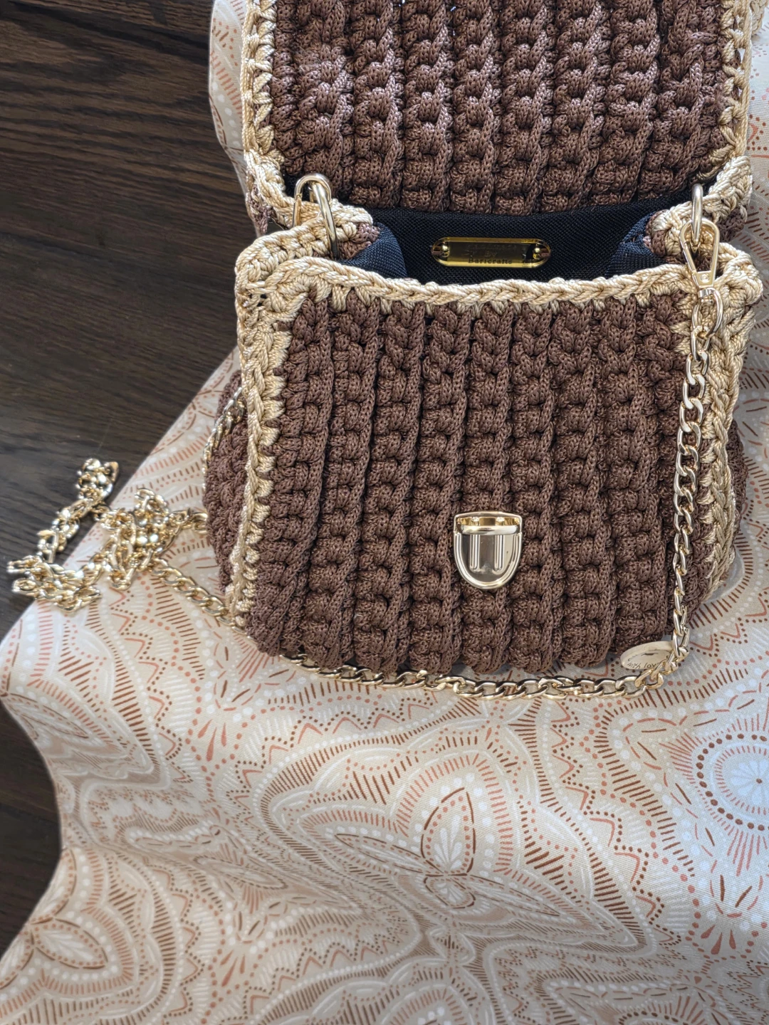 Brown Crocheted Shoulder Bag with Gold Chain - photo 2