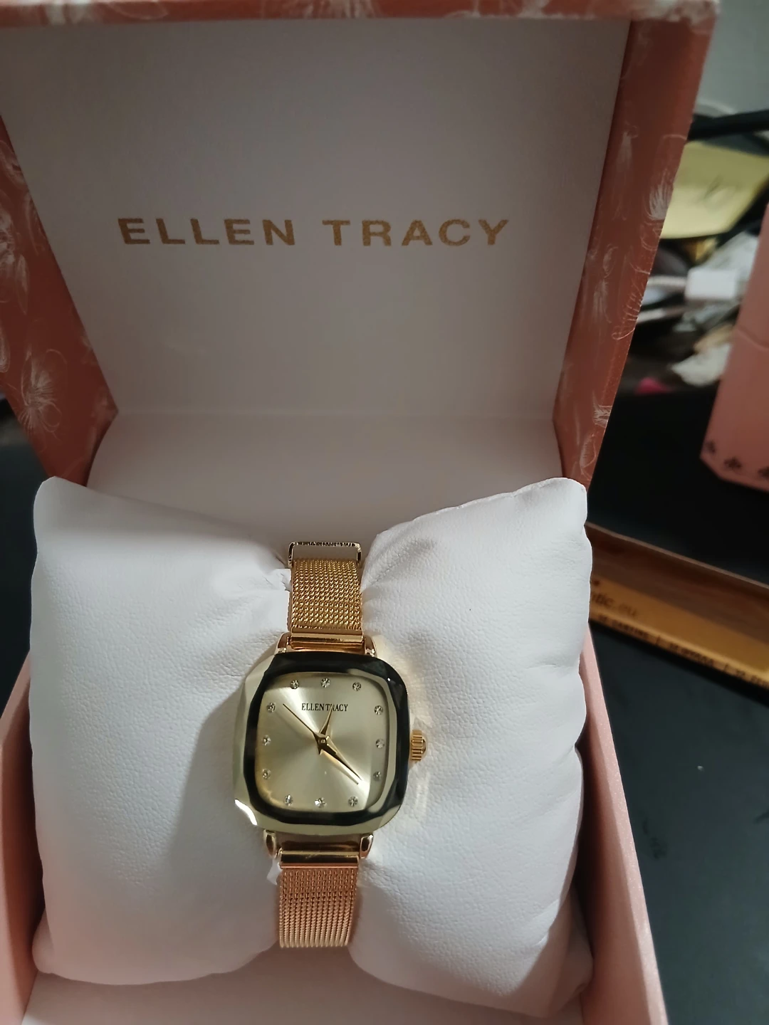 Ellen Tracy Women's Gold Mesh Band Square Watch