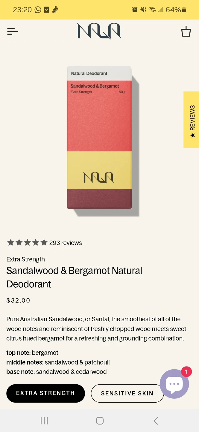 Nala Care Extra Strength Sandalwood & Bergamot Natural Deodorant