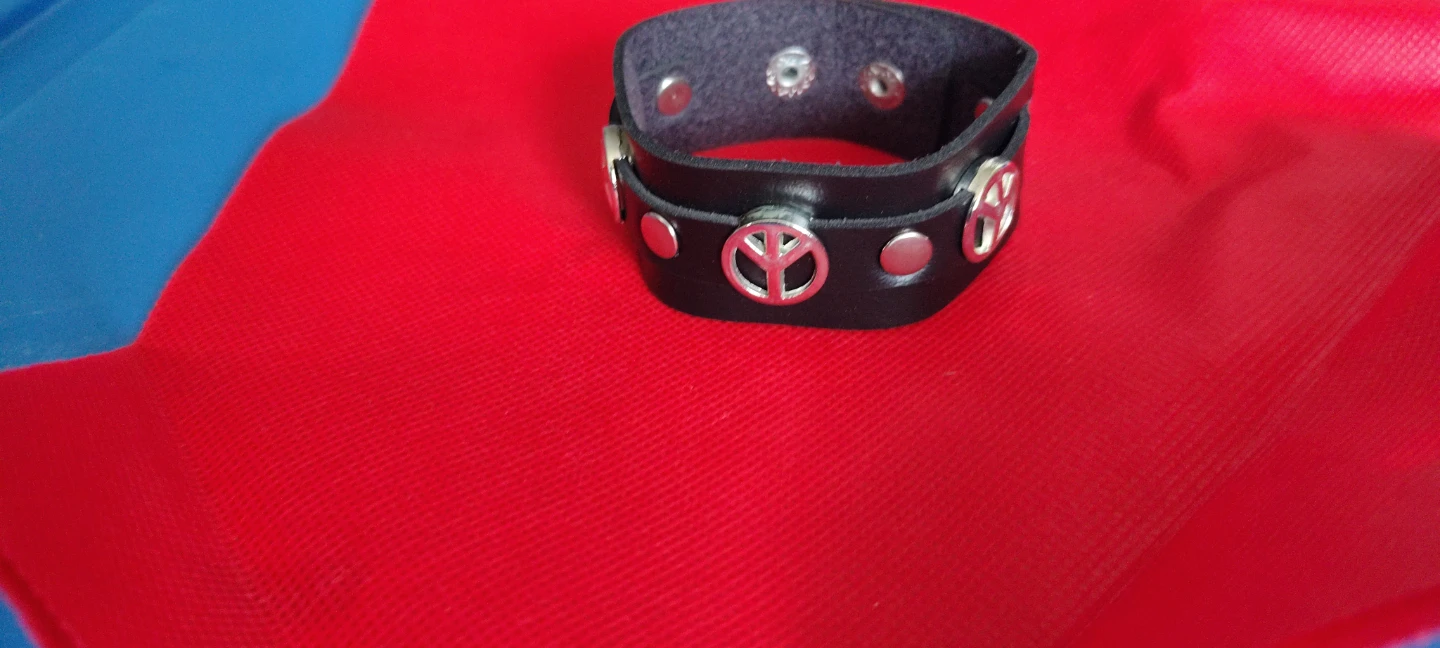 Black Leather Peace Sign Bracelet