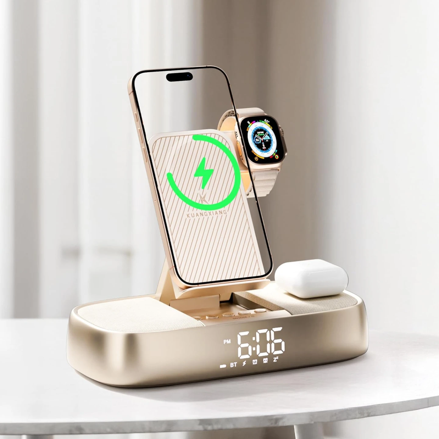 3-in-1 Wireless Charger Station, Bluetooth Speaker, Alarm Clock