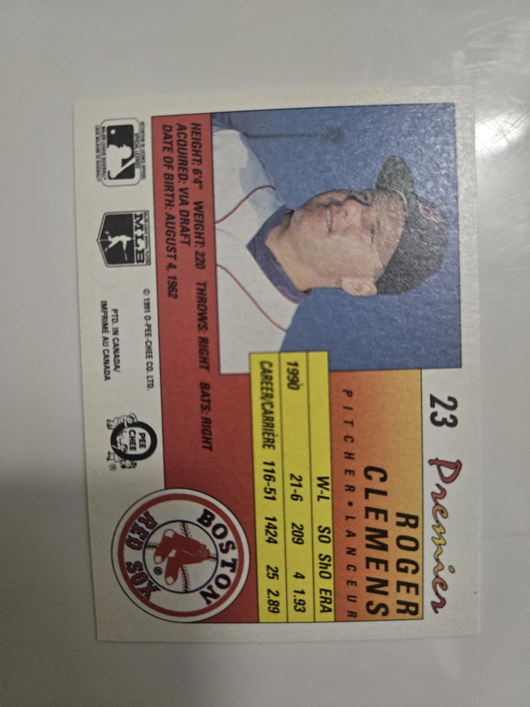 1990 O-Pee-Chee Premier Roger Clemens Baseball Card - photo 2