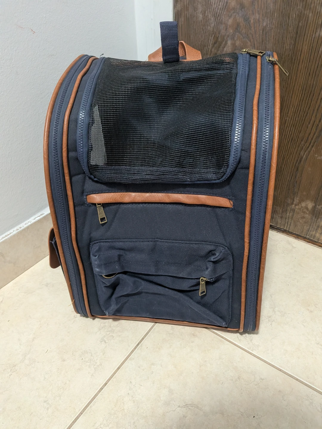 Navy Blue Pet Carrier Backpack with Brown Accents