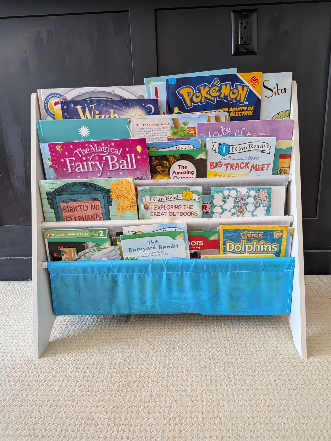 Kids Book Rack with Blue Fabric Sling , kids library