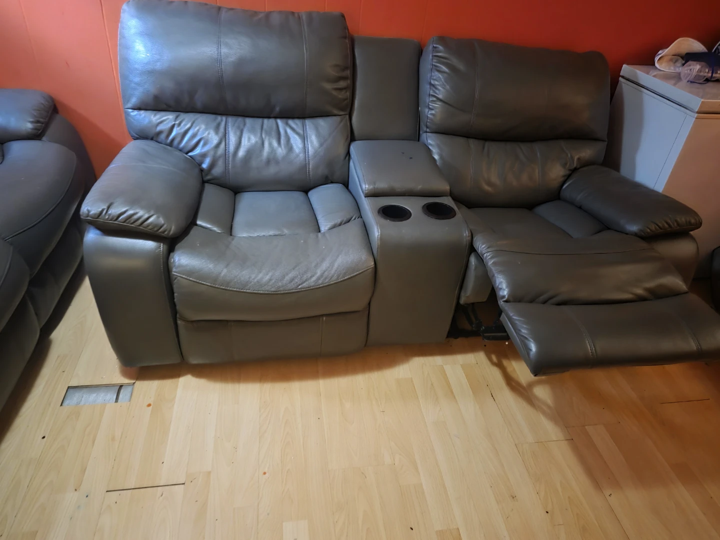 Grey Leather Reclining Sectional Sofa with Cup Holders