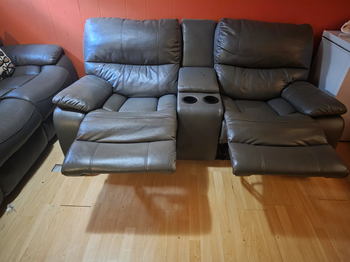 Grey Leather Reclining Sectional Sofa with Cup Holders - photo 5