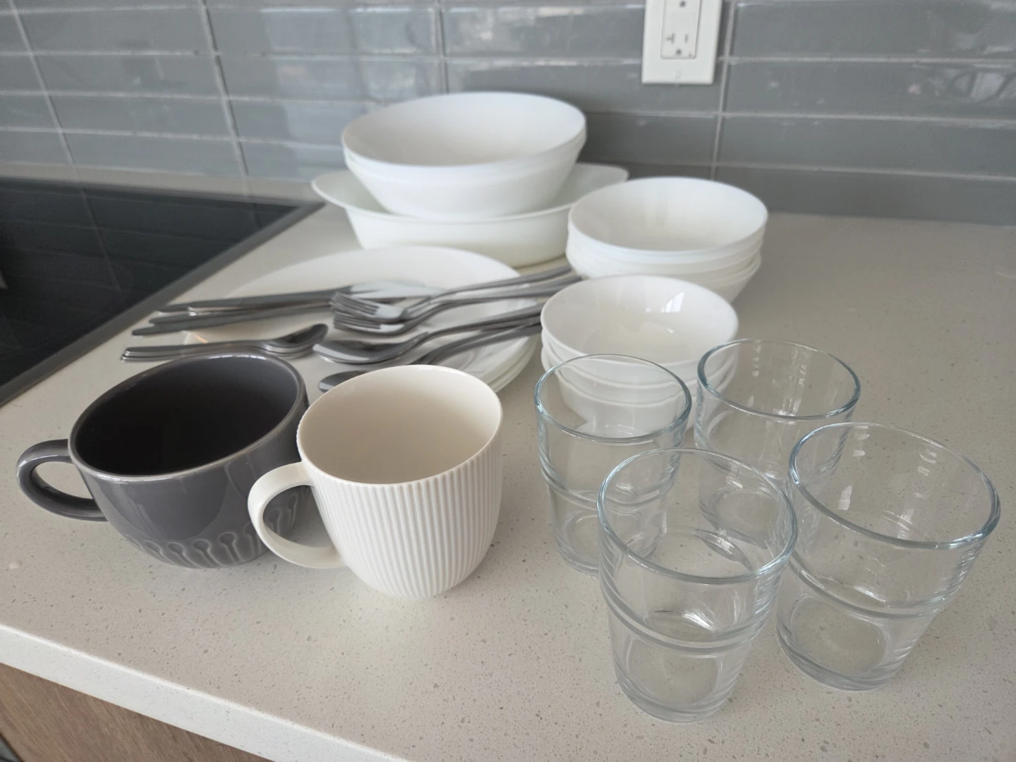IKEA White Dinnerware Set with Cutlery and Glasses