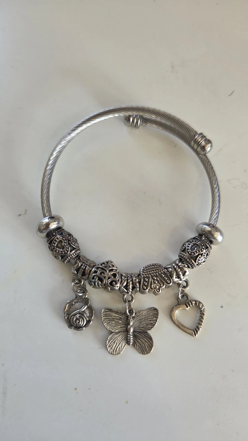 Silver Charm Bracelet with Butterfly, Rose, and Heart